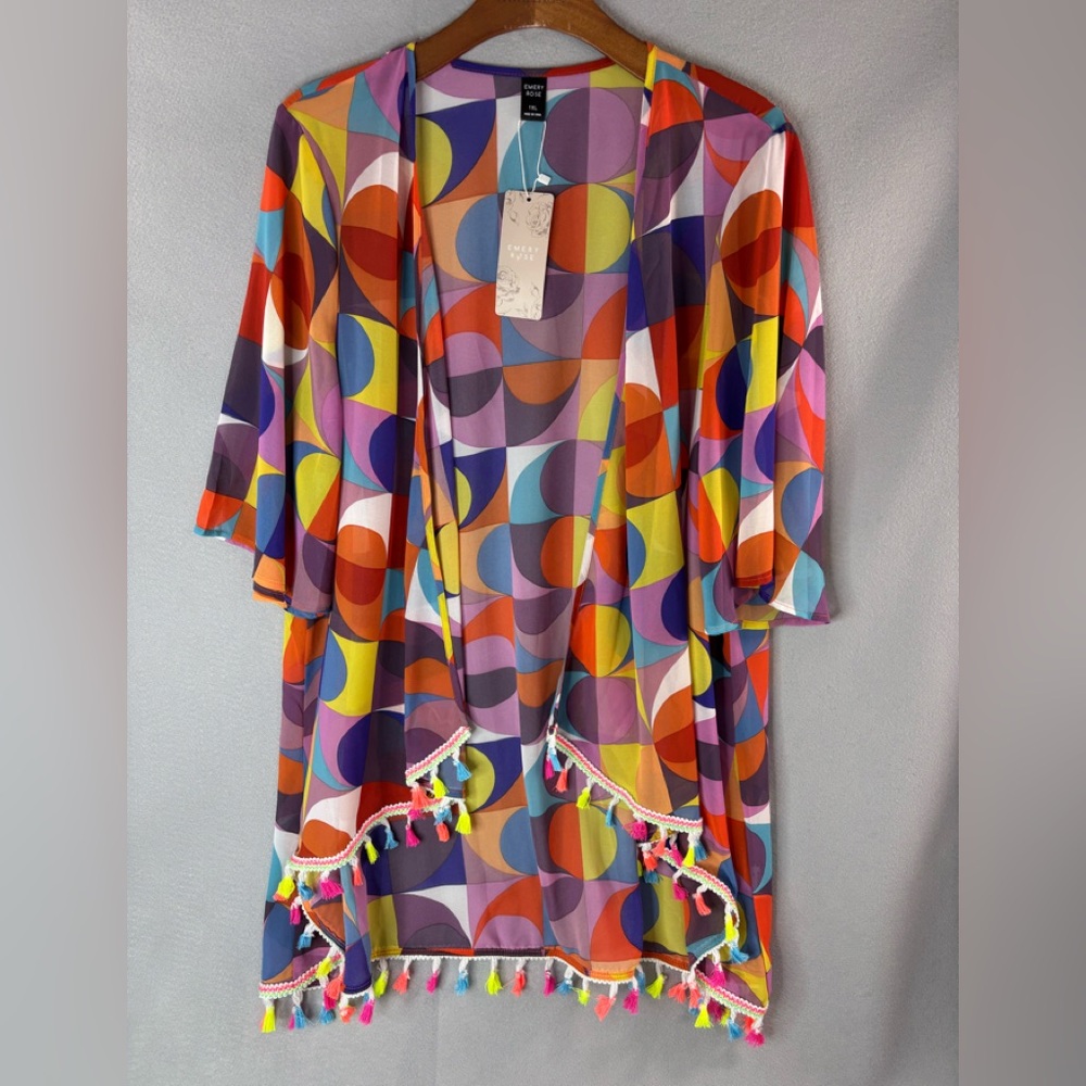 Emery Rose 1X Swim Coverup Colorful Geometric Kimono with Tassels